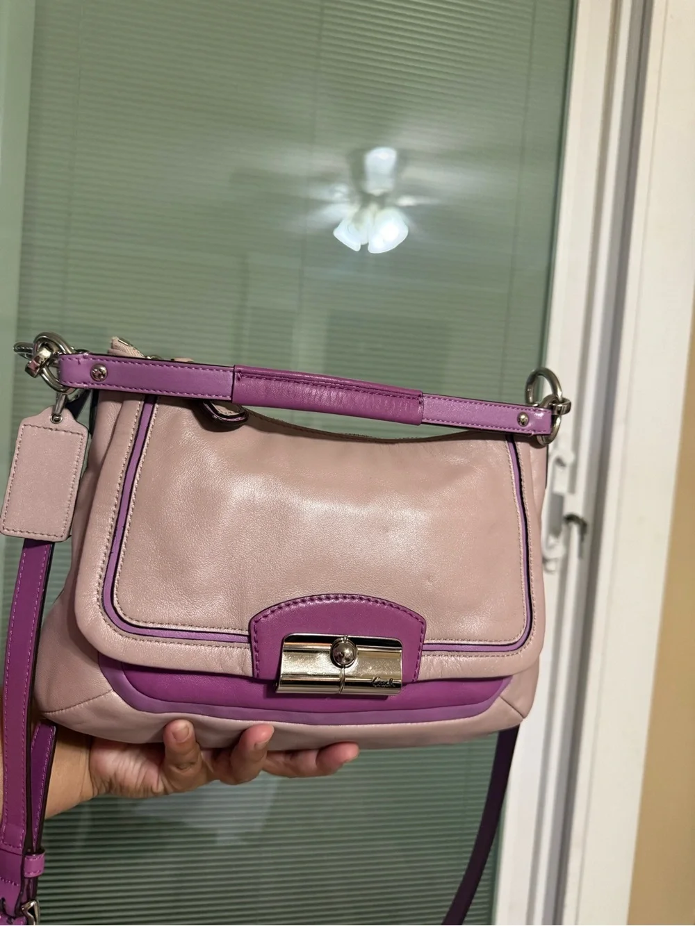 Coach Pink Leather Shoulder Bag with Purple Trim